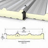 Sandwichdachplatte mit 100 mm Kernstärke in RAL 9006 Weißaluminium – Plattenverbindung und Profilquerschnitt mit 1.000 mm Baubreite