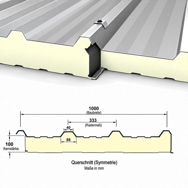 Sandwichdachplatte mit 100 mm Kernstärke in RAL 9006 Weißaluminium – Plattenverbindung und Profilquerschnitt mit 1.000 mm Baubreite