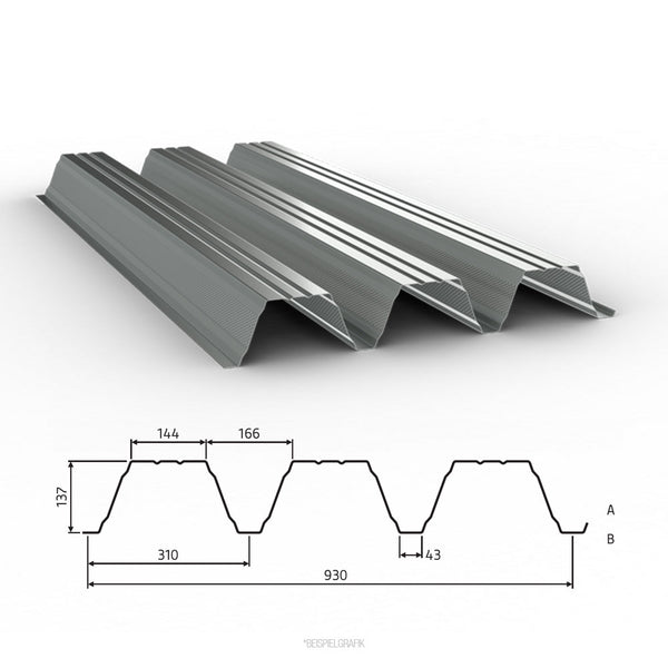 Trapezprofil TPD 135/310 als Tragschale für Warmdächer – optional steggelocht als Akustikprofil.