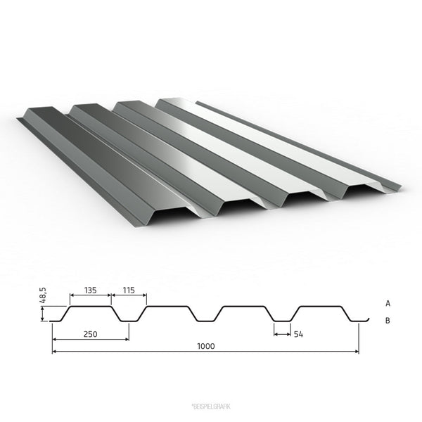 Trapezblech TPD 50/250 für Dächer – extra hohe Stabilität durch 50 mm Profilhöhe.