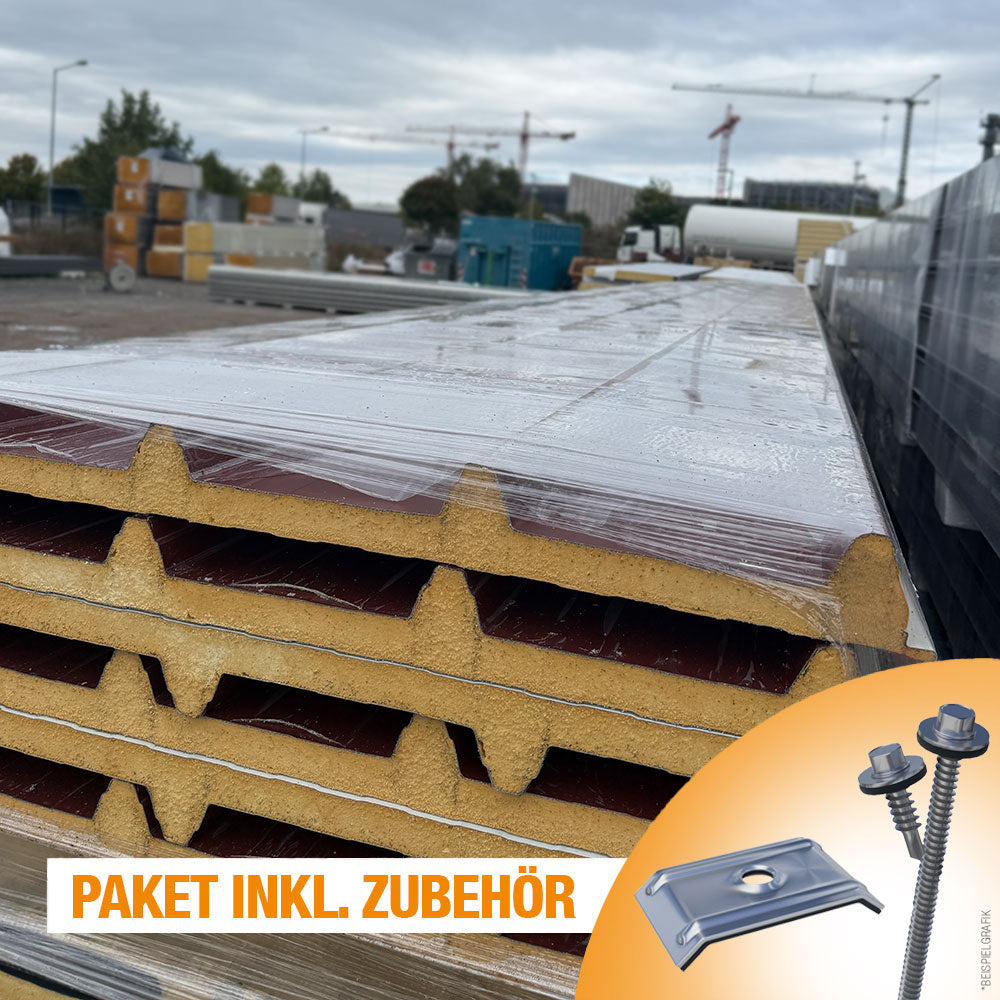 Paket Sandwichplatten Dach in Rotbraun inklusive Zubehör
