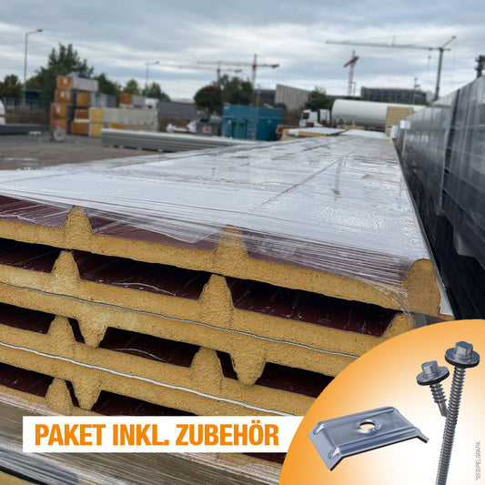 Paket Sandwichplatten Dach in Rotbraun inklusive Zubehör