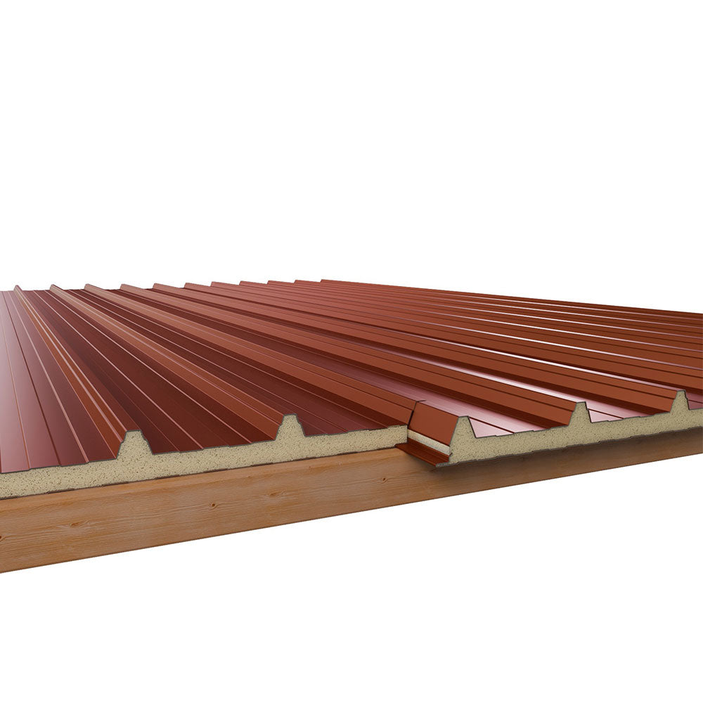 Seitenansicht der Überlappung bei Sandwichplatten Dach in Rotbraun