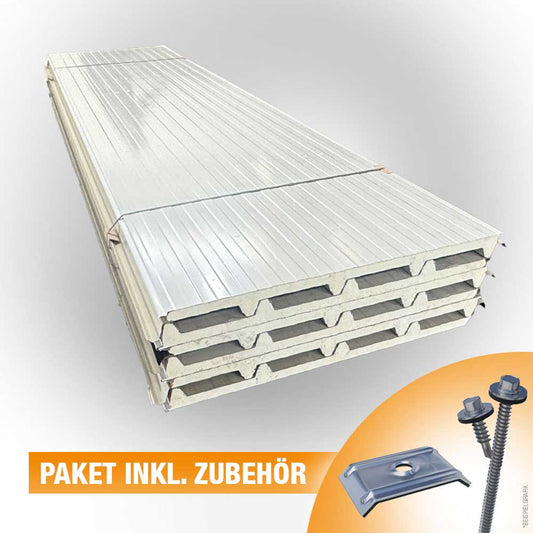 Paket #95 Sandwichplatten Dach Grauweiß 6 x 4,50 m Kernstärke 30 mm
